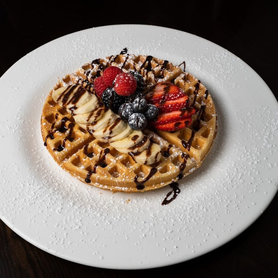 Waffle topped with sliced bananas, mixed berries, chocolate drizzle, and powdered sugar on a white plate.